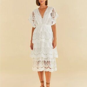 Farm Rio Richelieu Lace Eyelet Ruffle Tiered Midi Prarie Dress Sz Large
